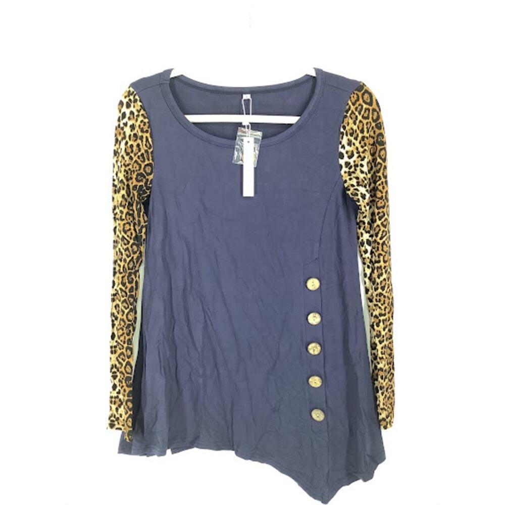 Viishow Blue Leopard Print Buttoned Pullover Sweater Women's Size Small